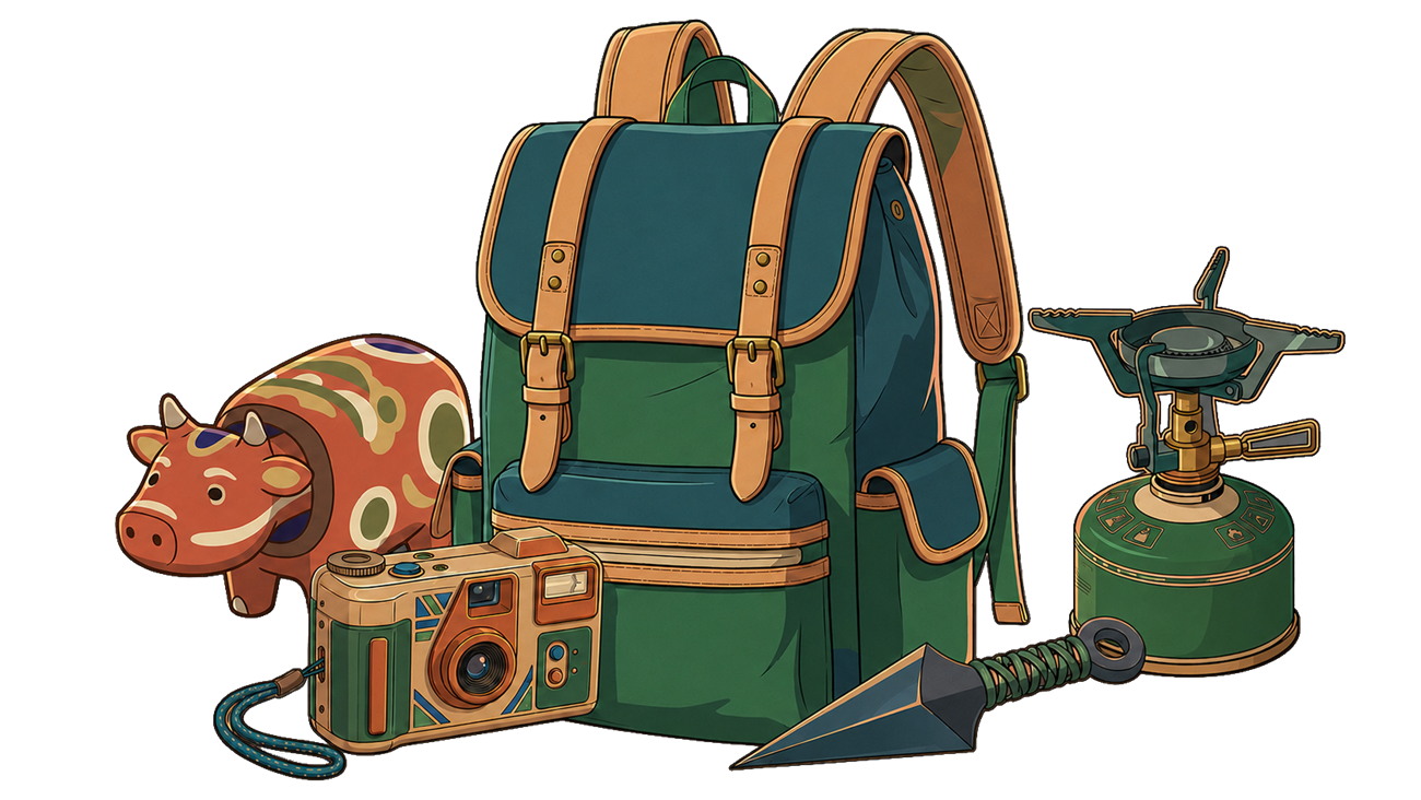 Illustrated Postmarks backpack with travel souvenirs