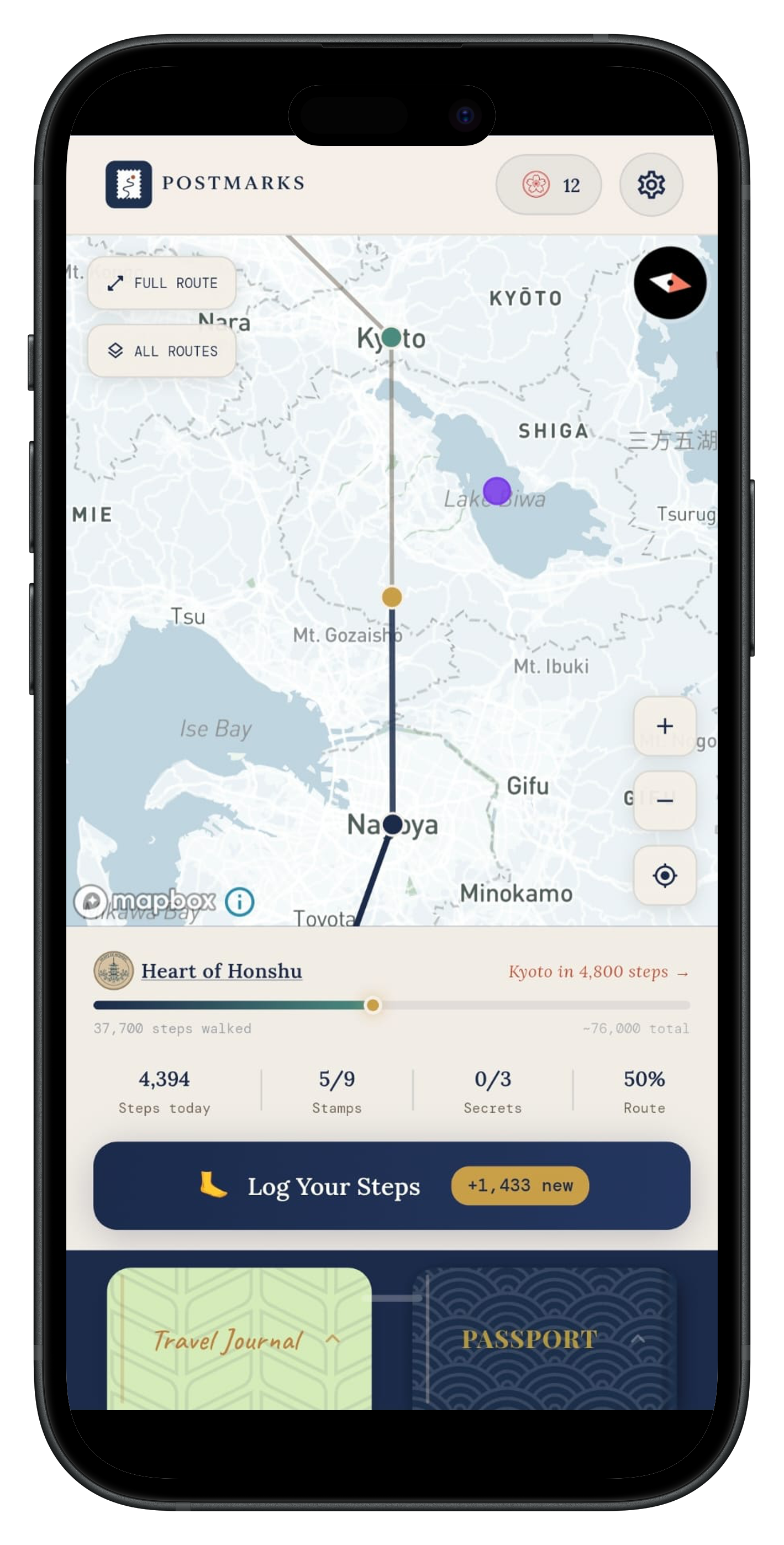 Postmarks app on a phone showing a walking route map