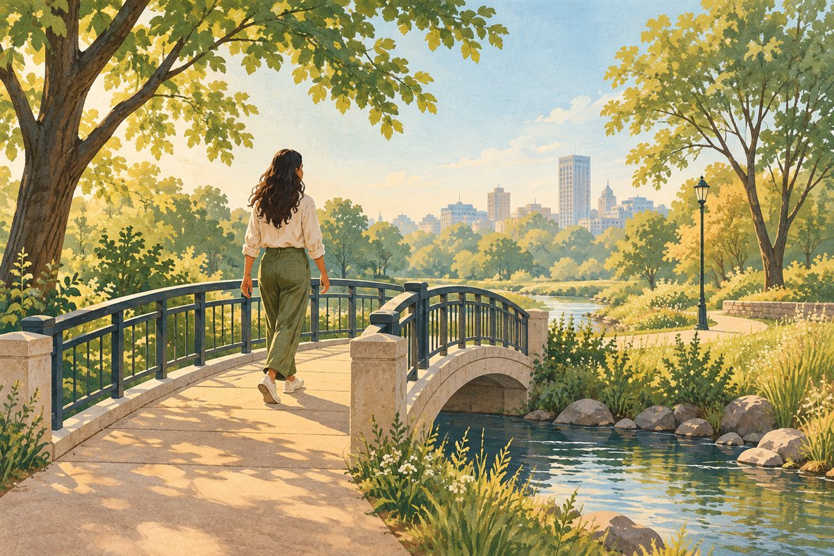 A person walking across a bridge in a leafy park