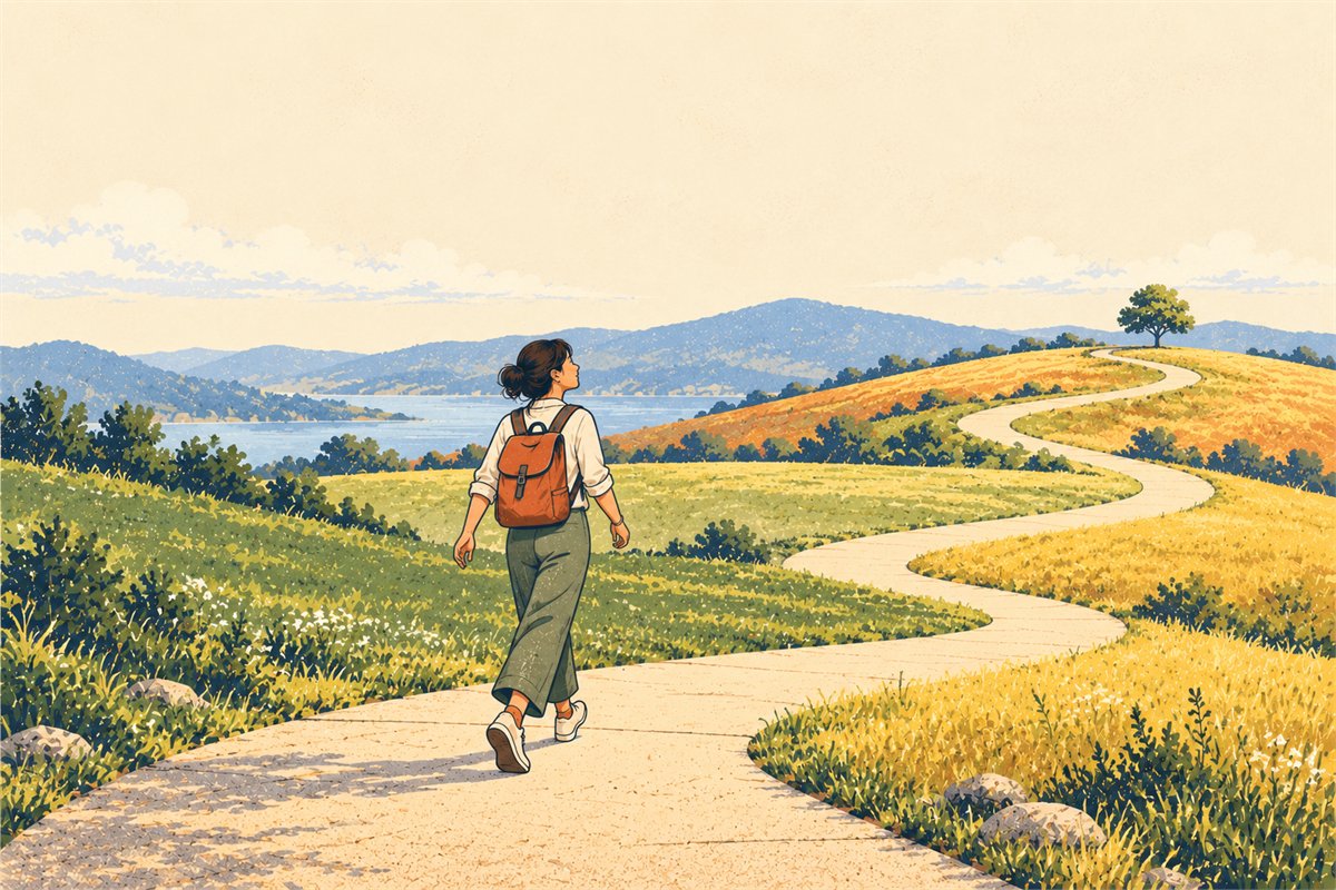 A woman walking along a winding path through open fields