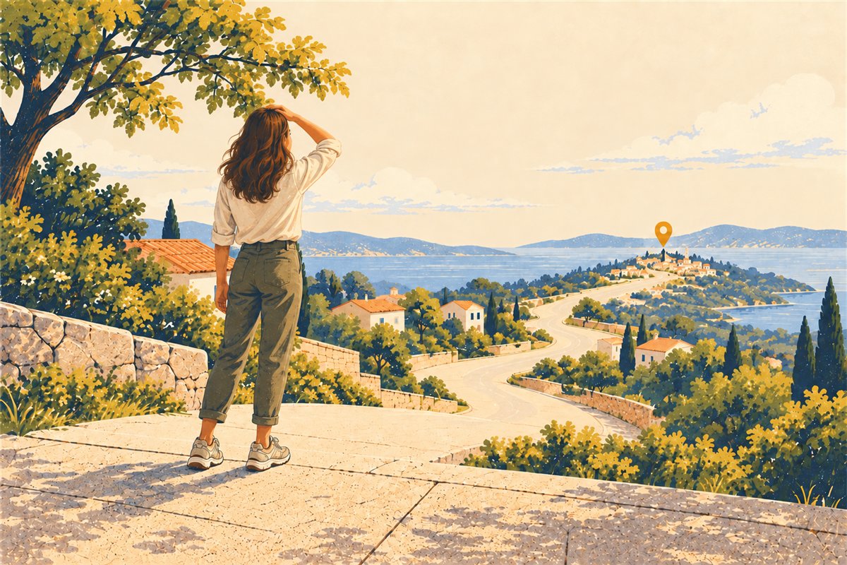 A walker looking toward a distant coastal destination