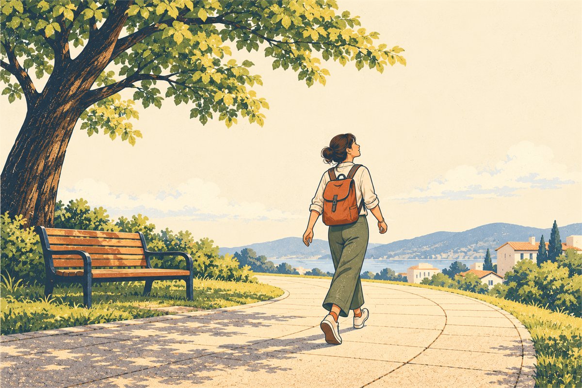 A walker following a quiet curved path beneath a leafy tree