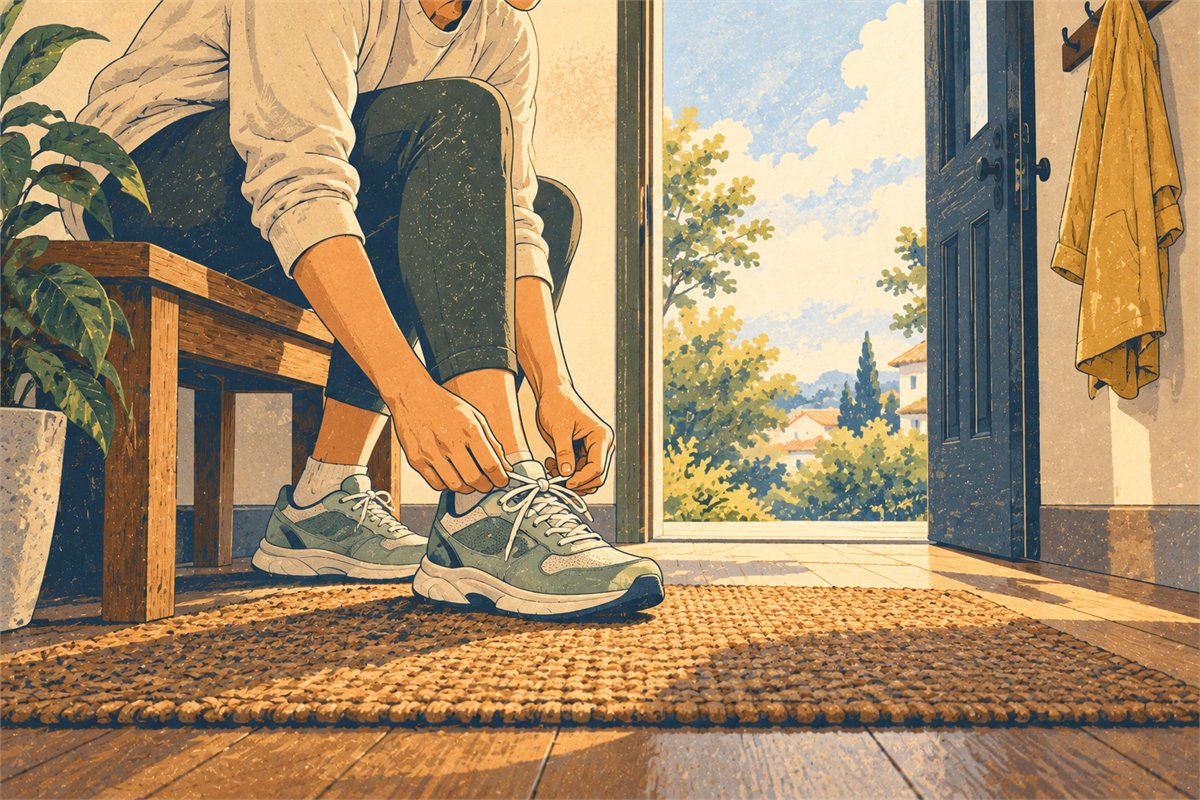 A person tying walking shoes beside an open doorway on a bright morning