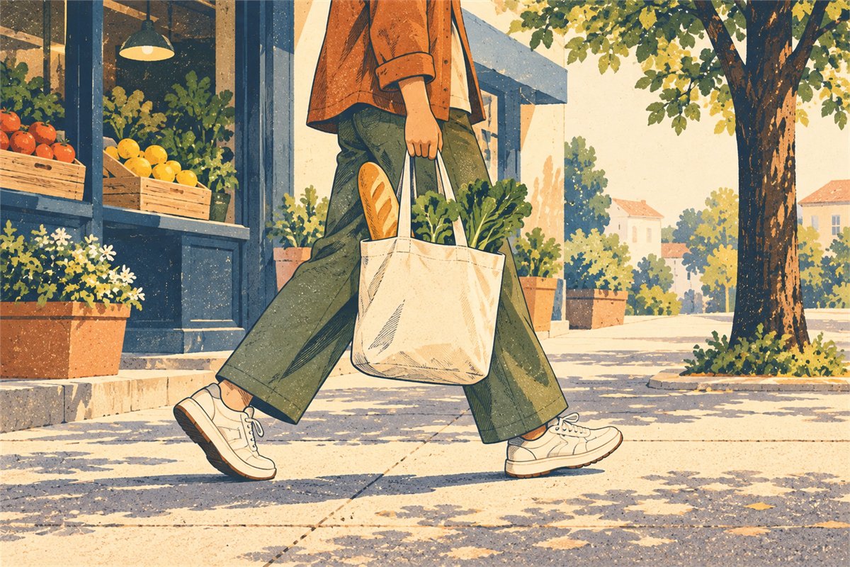 A grocery tote carried on a walk through a quiet neighborhood