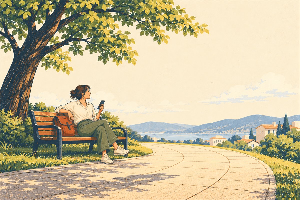 A woman sitting on a park bench with her phone after a walk