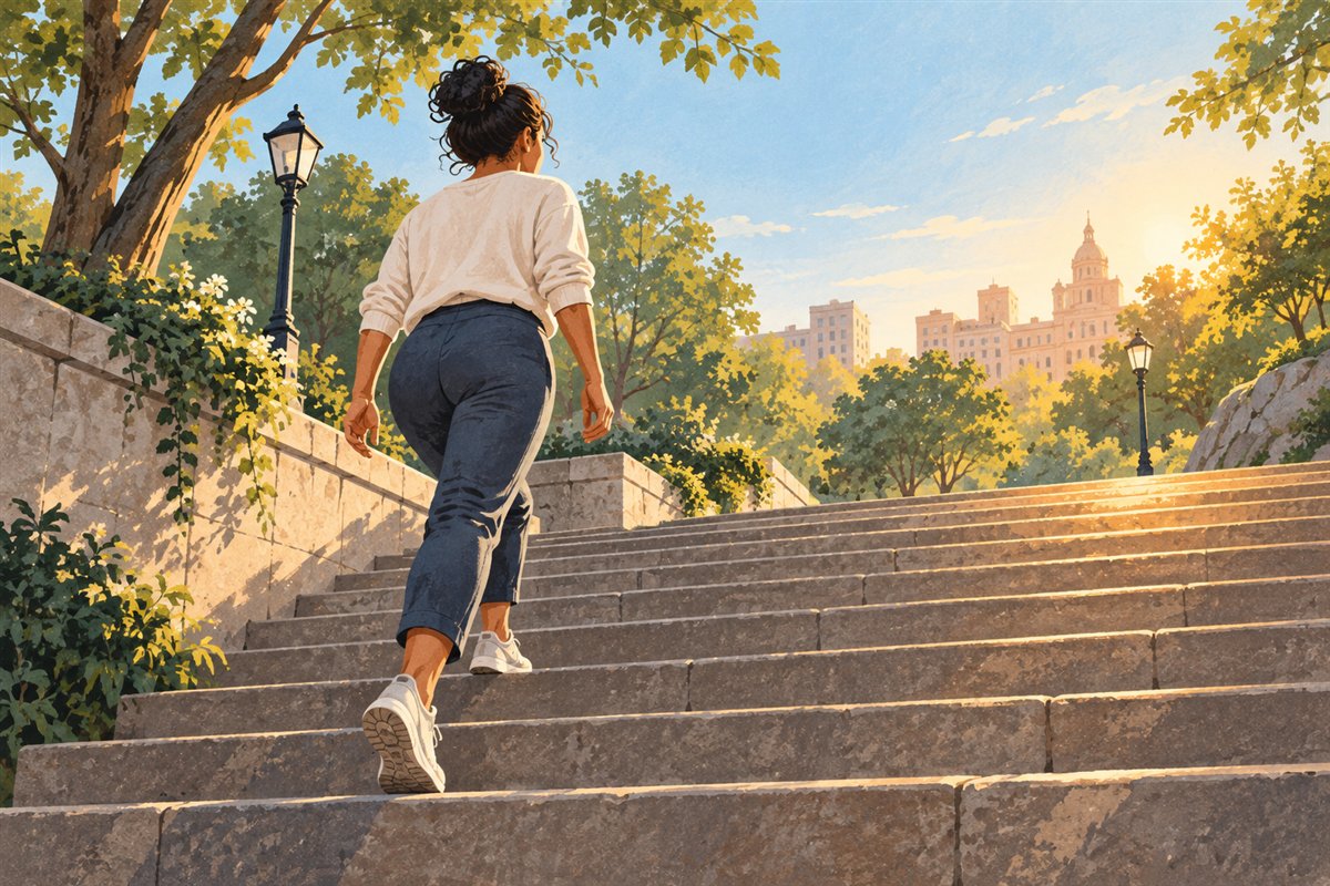 A person walking up broad outdoor steps in a sunlit park