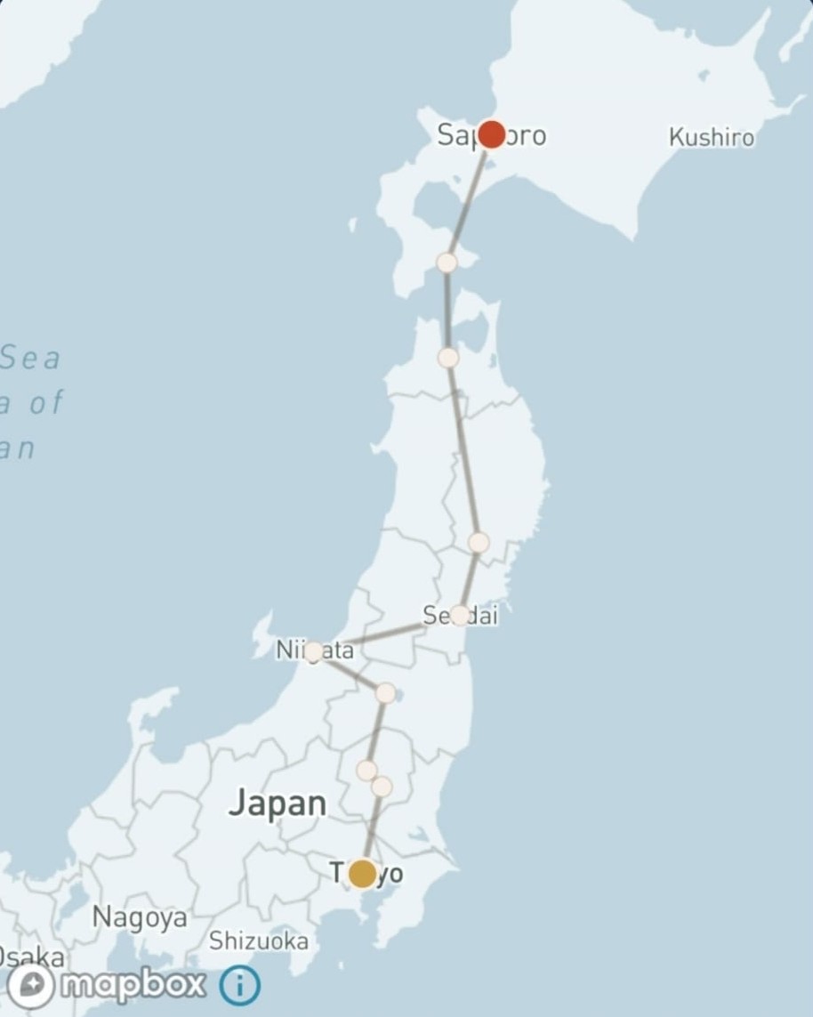 Snow Country walking route — Tokyo to Sapporo