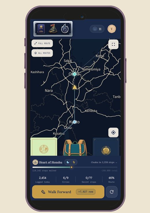 Postmarks route progress map in After Dark mode