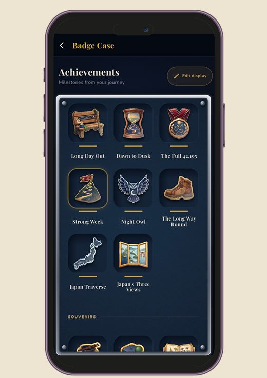 Postmarks Badge Case displaying earned achievements