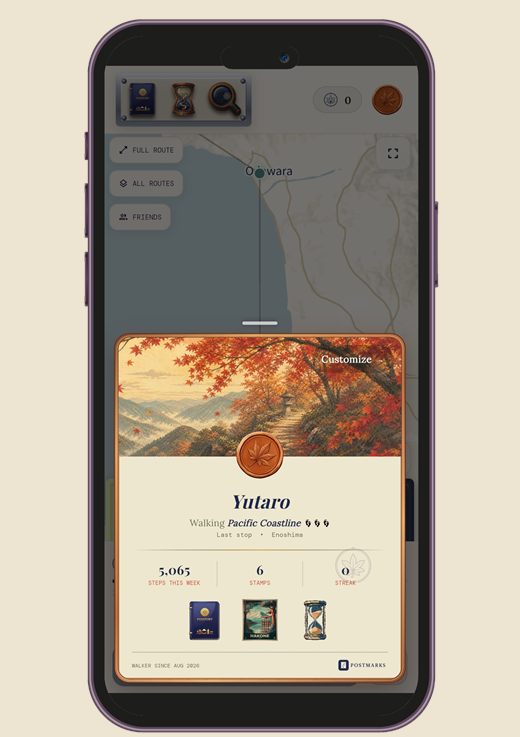 Postmarks Traveler Card showing route, weekly steps, stamps, and personalized collectibles