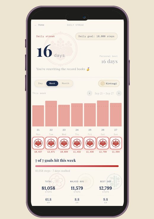 Postmarks weekly streak screen showing seven completed walking goals